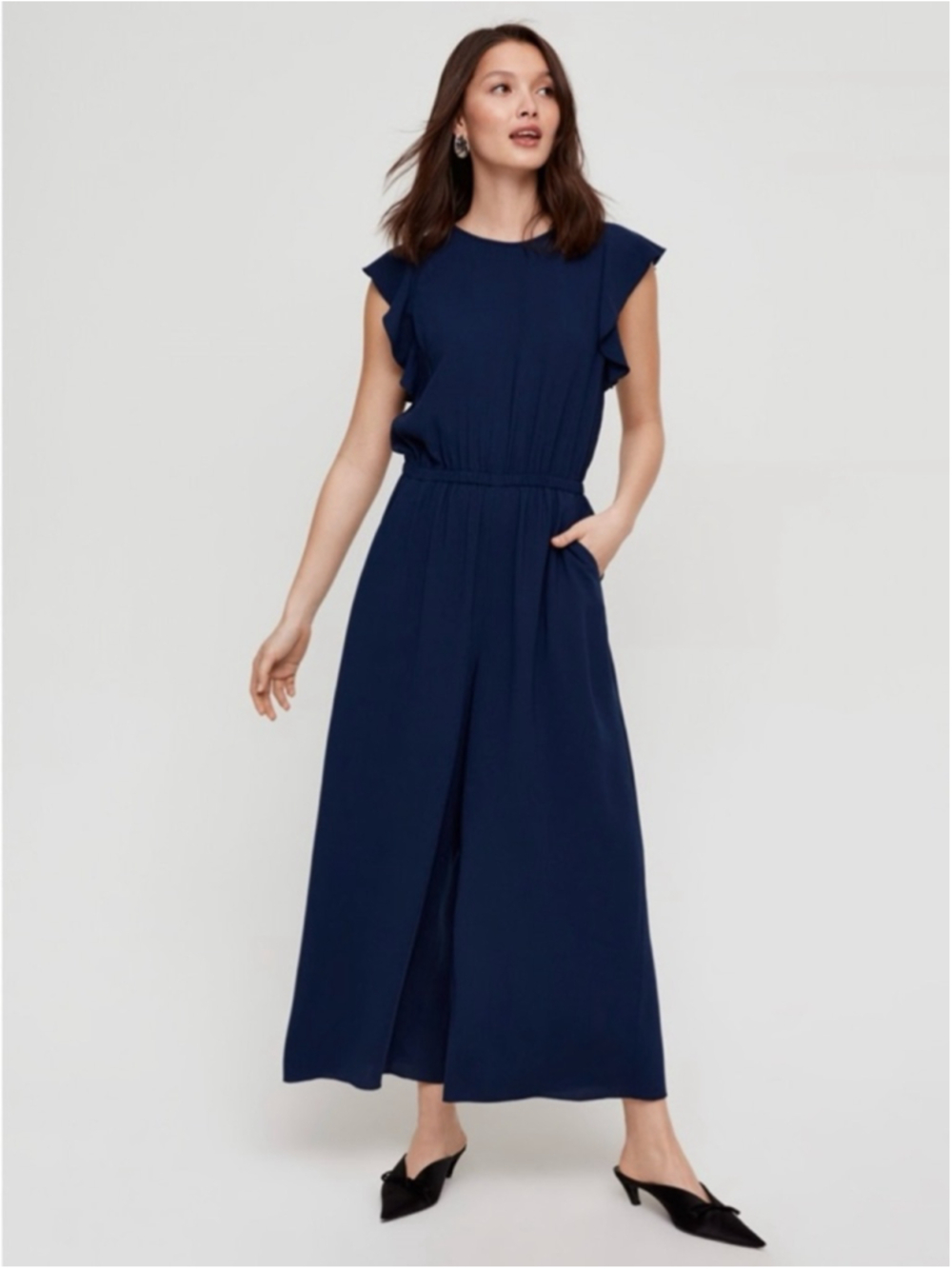 Wilfred Fleurette Jumpsuit Medium Navy Blue Ruffled, wide-leg jumpsuit Aritzia
